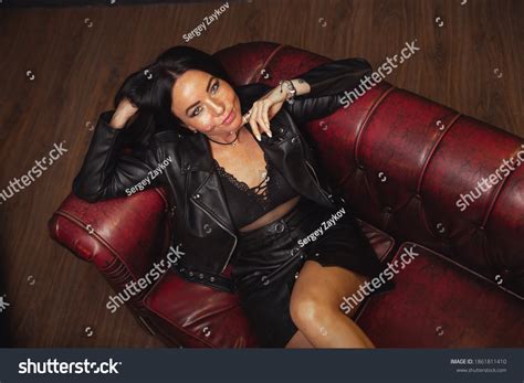 Sexy Unformal Brunette Woman Leather Jacket Stock Photo