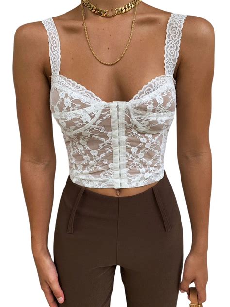 FOCUSNORM Women S Push Up Bustier Lace Sheer Corset Crop Top Party