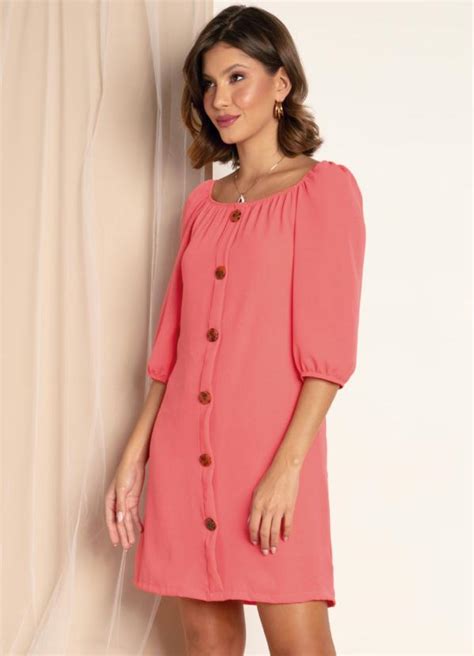 Vestido Coral Decote Quadrado E Mangas Bufantes Quintess