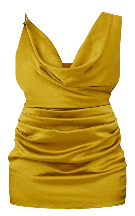 Plus Chartreuse Satin Extreme Cowl Bodycon Dress Plus Size