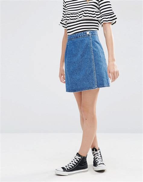 Asos Tall Denim Wrap A Line Skirt In Mid Wash Blue At Asos Jeans