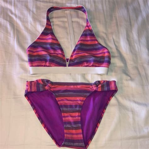 Athleta Bikini Purple Pink And Orange Stripes Gem