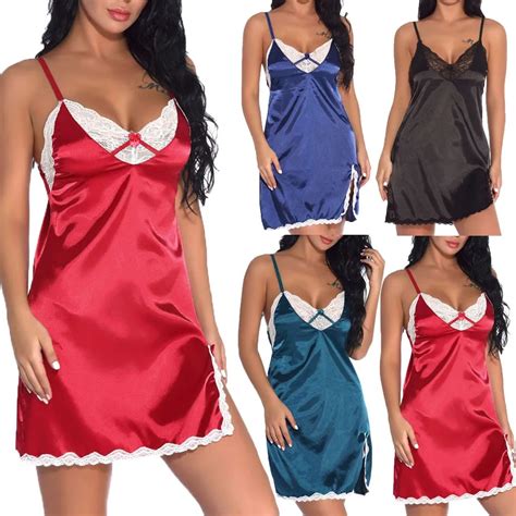 Lace Night Dress Women Sexy Bowknot V Neck Lingerie Sleepwear Camisola Silk Satin Sexy Nightgown