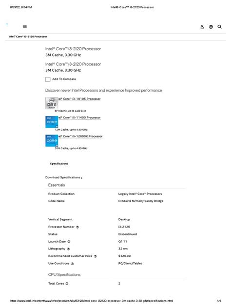 Intel® Core™ I3-2120 Processor | PDF | Central Processing Unit | Intel