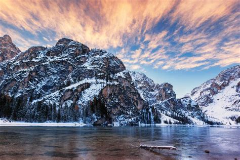 Winter Sunrise Over Lago Di Braies, Dolomites, Italy Stock Image ...