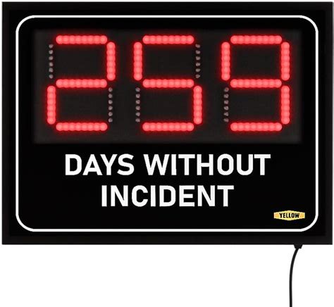 Yellow Safety® Days Without Incident Electric Sign11x15 Safety Scoreboard Days