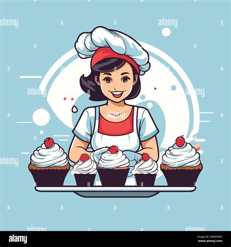 Chef Woman With Cupcakes Vector Illustration In Cartoon Style Stock