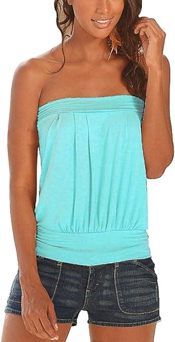 Women Strapless Tube Top Stretchy Ruched Front Flowy Tunic Shirt