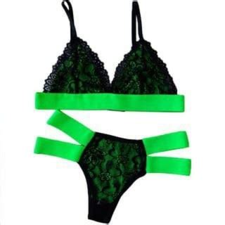 Conjunto Duas Tiras Neon Lingerie Sexy Rendada Conjunto Sem Bojo