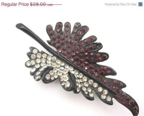 Rhinestone Leaf Brooch Japanned Black Leaf Red Clear