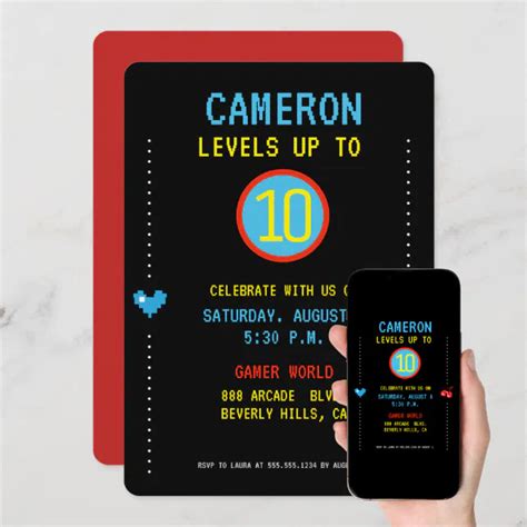 Gamer Pixel Arcade Level Up 10th Birthday Invitation Zazzle