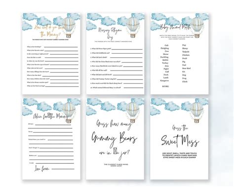 Editable Adventure Awaits Baby Shower Game Set Blue Hot Air Balloon Baby Shower Invite Boy