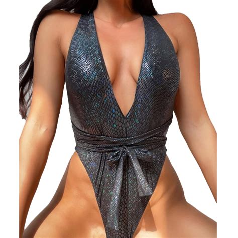 Virmaxy Womens Alluring Sequins One Piece Swimsuit Deep V-Neck Tight