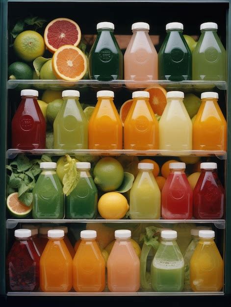 Un Refrigerador Lleno De Botellas De Jugo Y Frutas Foto Premium