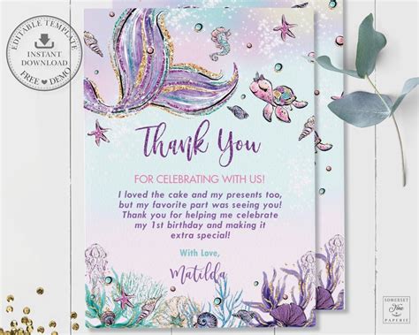 Mermaid Thank You Card Instant Download Mermaid Birthday Etsy Australia