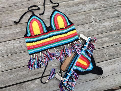 Handmade Crochet Bikini Set Rasta Crop Top Bikini Push Up Etsy