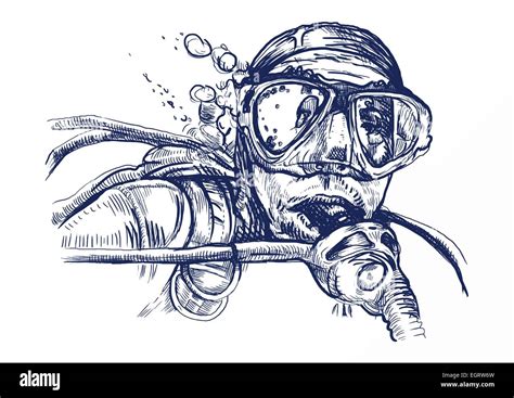 An Hand Drawn Illustration Line Art Diver Stock Vector Image Art