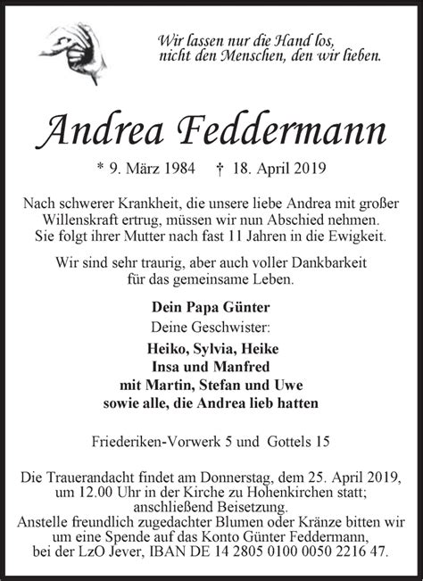 Traueranzeigen Von Andrea Feddermann Nordwest Trauer De