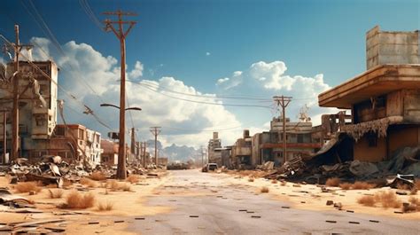 Post apocalyptic background image of desert city wasteland with ...