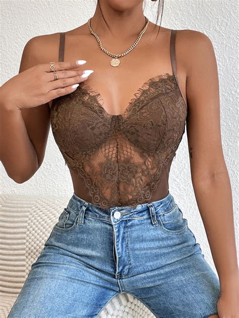 Shein Bae Contrast Mesh Bustier Eyelash Lace Cami Bodysuit Shein Uk