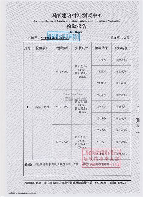 高强化学锚栓、化学螺栓检测测试数据报告