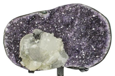 6 4 Amethyst Geode Section With Calcite On Metal Stand Uruguay