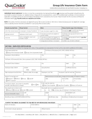 Fillable Online Group Life Insurance Claim Form Qualchoice Fax