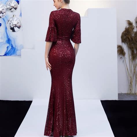 Buy Mermaid Dresses Flare Sleeve Sequins Evening Gowns Sexy Long Prom