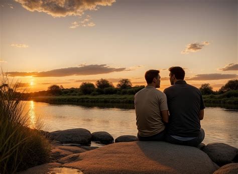 Premium AI Image Couple On The Beach At Sunset Watching The Sun Go Down