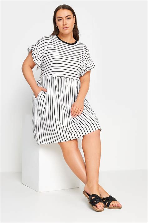 Yours Plus Size Black White Stripe Frill Sleeve Smock Tunic Dress