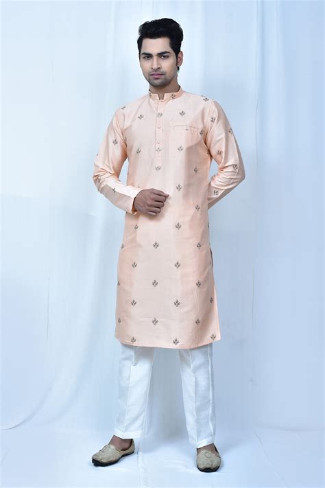 Buy Peach Art Silk Embroidered Thread Work Floral Kurta Set For Men By