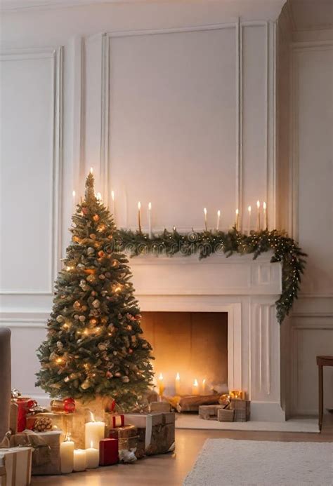 Indoor Christmas Scene. a Pine Tree beside a Fireplace Stock Image - Image of family, vertical ...