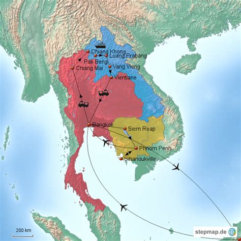 StepMap Rundreise Thailand Laos Kambodscha Landkarte für Asien