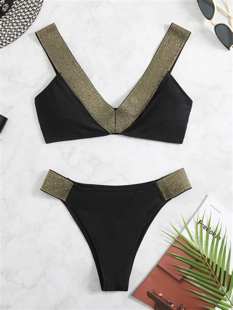 Conjunto de bikini con brillo parte superior inalámbrica y Bottom de