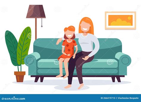 Mother And Daughter Are Sitting On The Sofa At Home Spend Time With