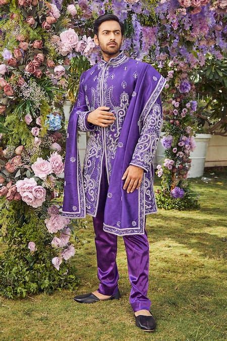 Buy Purple Raw Silk Embroidered Sequins Floral Sherwani Kurta Set For