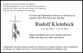 Traueranzeigen Von Rudolf Kleinbeck Schwarzw Lder Bote Trauer