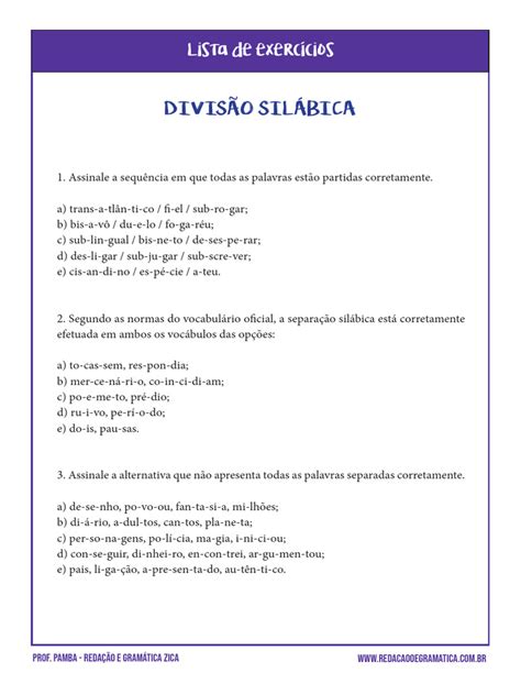 Divisão Silábica Exercícios Com Gabarito Pdf - Exercícios de Divisão Silábica | PDF | Sílaba | Linguística