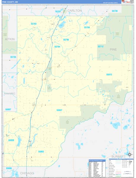 Pine County, MN Zip Code Wall Map Basic Style by MarketMAPS - MapSales