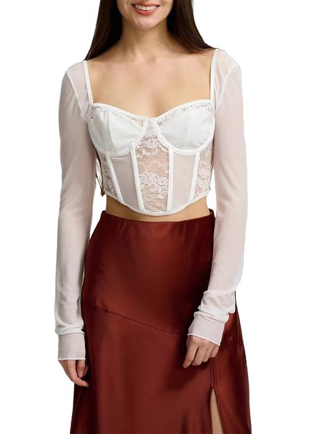 Hirigin Women Long Sleeve Crop Tops Lace Fishbone Sweetheart Neckline T