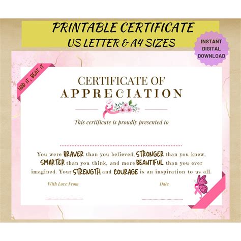 Breast Cancer Fighter Appreciation Certificate Printable Cancer Free