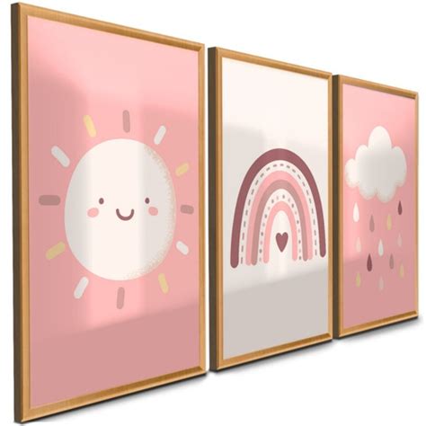 Quadro Quarto Infantil Feminino Menina Rosa Mosaico Trio Parcelamento