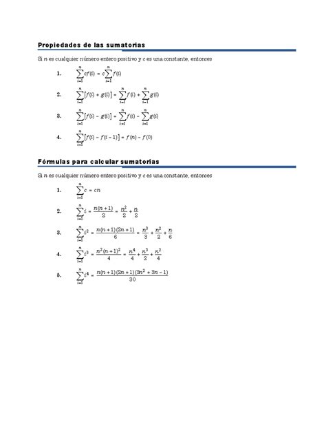 Formulario De Sumatorias Propiedades De Las Sumatorias Si N Es