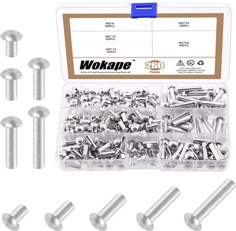 Wokape 260pcs Flat Head Solid Rivets M5 Kit Aluminum Brazier Head Solid Rivets High Strength