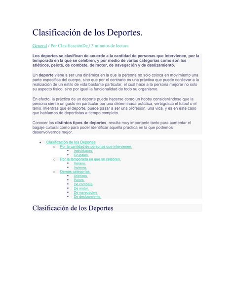 Clasificación De Los Deportes General Por Clasificaciónde 3