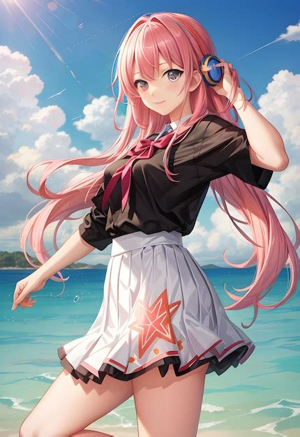 Premium AI Image | anime girl standing in beach pink hair and skirts hearing audio