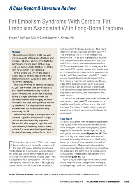 Fat Embolism Syndrome With Cerebral Fat Embolism Associated With Long