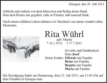 Traueranzeigen von Rita Wührl trauer hz de