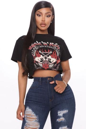 Rock N Roll Music Crop Top Black In 2020 Crop Top Outfits Black