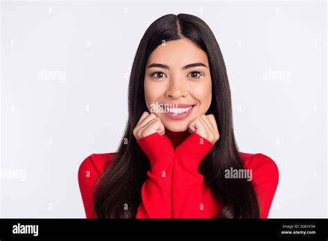 Photo Of Sweet Impressed Brown Hair Lady Hands Face Wear Red Sweater